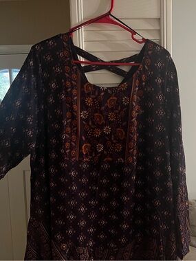 Women's Purple Floral Boho Tunic Top - Orange Accents